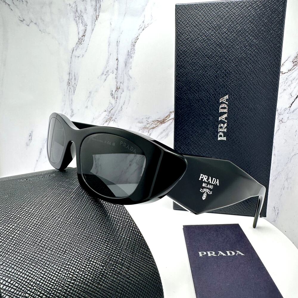 New PRADA Sunglasses Black Oval Cat Eye Symbole Logo - Picture 8 of 16